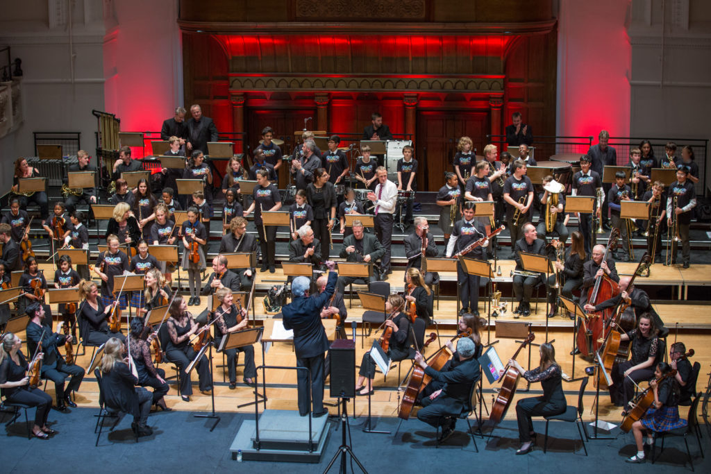 The combined London Chamber Orchestra and Music Junction participants taking applause at Cadogan Hall.